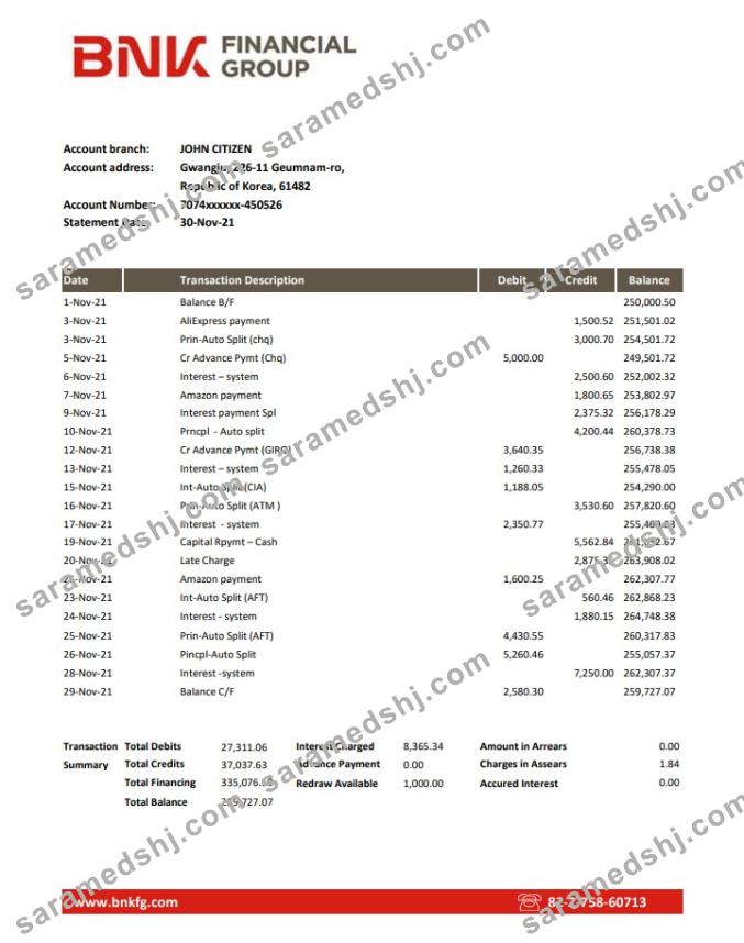 South Korea BNK bank statement easy to fill template in Excel and PDF format